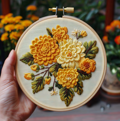 Chrysanthemum Hand Embroidery Pattern, Yellow Flowers Embroidery Pattern