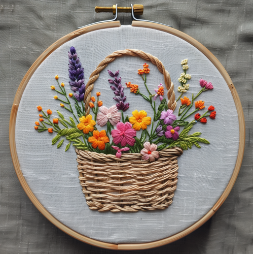 Flower Basket Hand Embroidery Pattern, Basket of Blossoms, Floral Basket, Wildflowers