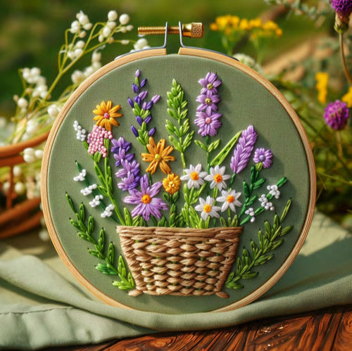 Flower Basket Hand Embroidery Pattern, Basket of Blossoms, Floral Basket, Wildflowers